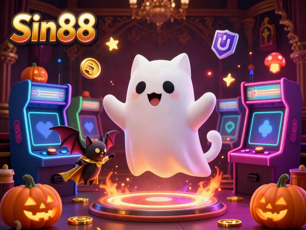 Experience the vibrant ghostly adventure at Sin88's haunted casino with playful characters and glowing game elements.