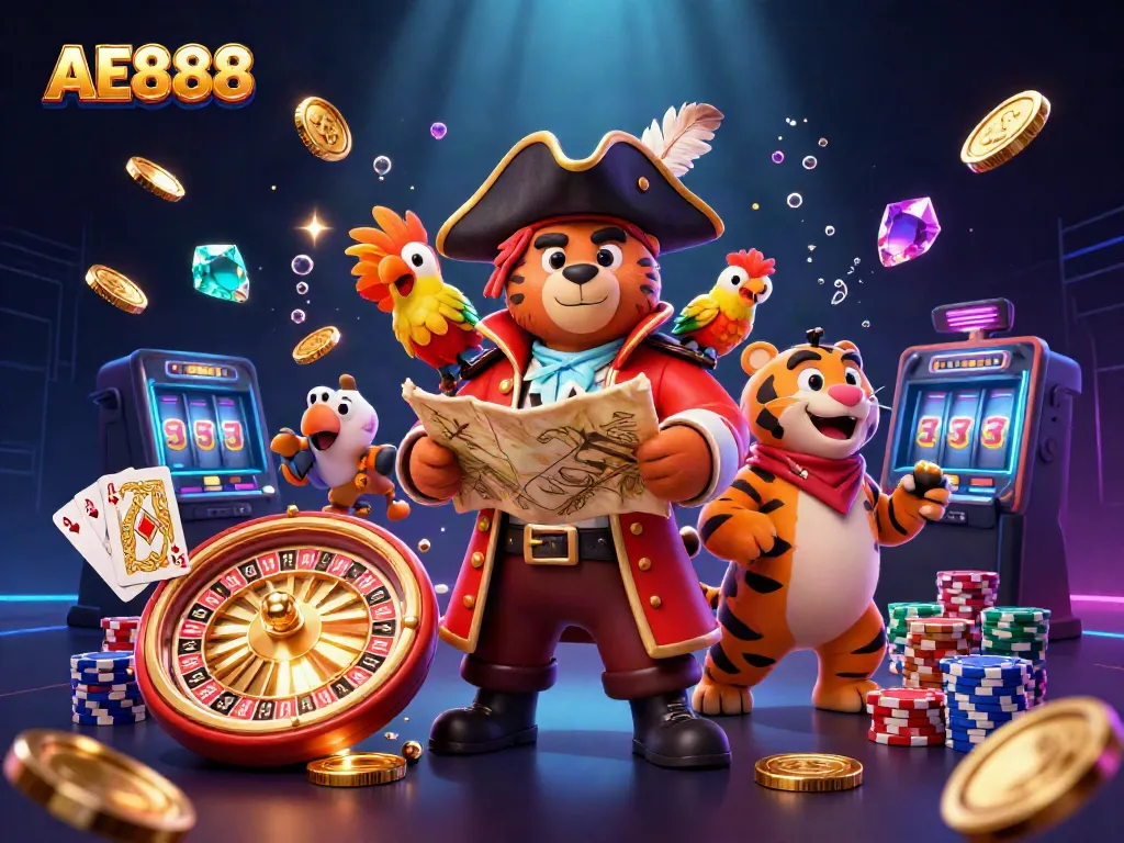 Spin the reels at AE888 Casino with vibrant characters and a dynamic gambling scene.