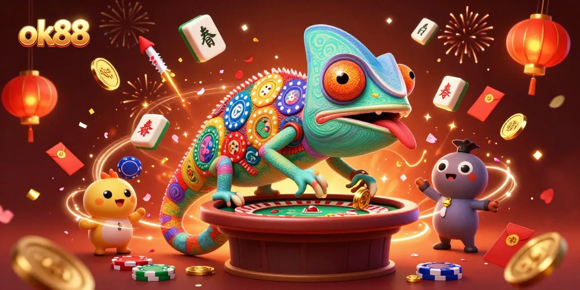 Experience the thrill of ok88 with a vibrant casino scene featuring an animated chameleon and game elements.