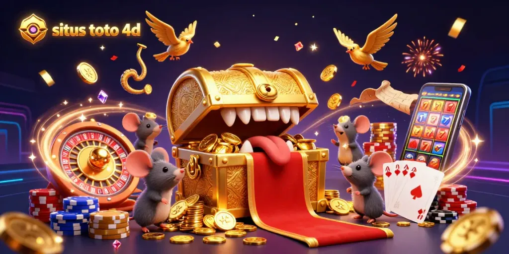 Play exciting situs toto 4d with vibrant treasure chest and dynamic casino elements.