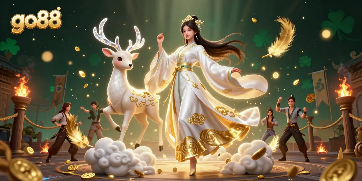 Experience the thrill of go88 with a captivating 3D illustration showcasing an elegant Asian woman and celestial deer amidst casino elements.