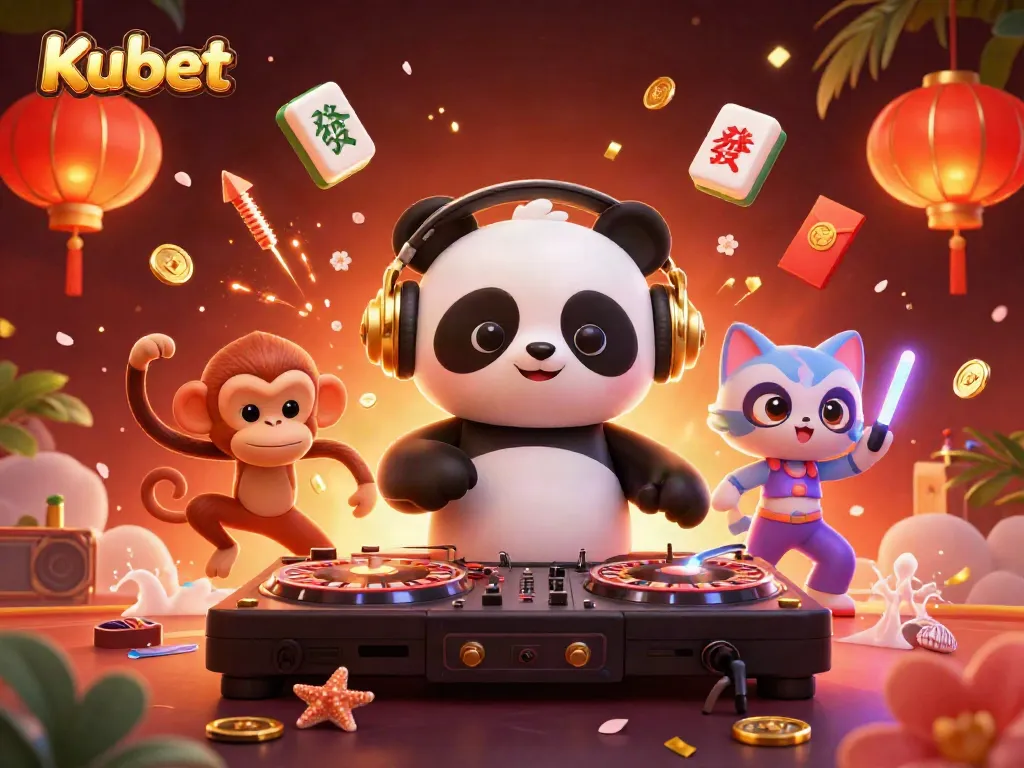 Experience thrilling gaming with Kubet's vibrant 3D scene featuring lively characters and dynamic casino elements.