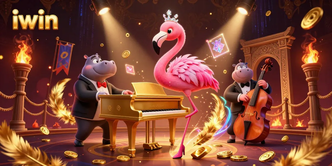 iwin's colorful flamingo lounge singer and hippo bassist animate the casino scene with vibrant tokens.