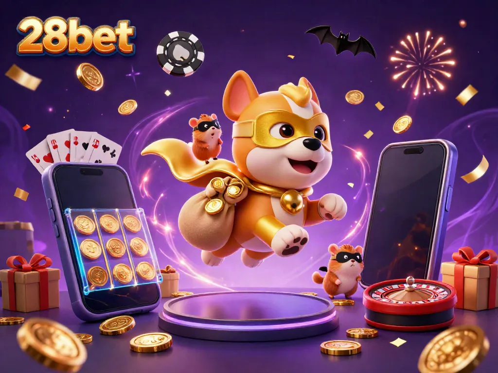 Engage in thrilling fun with 28bet's colorful casino action, featuring a superhero dog and slot games.
