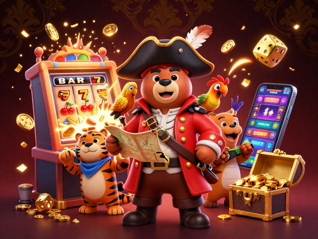 Kuwin online casino features a pirate captain bear, a tiger first mate, and bursting jackpot slot machines in a vibrant 3D scene.