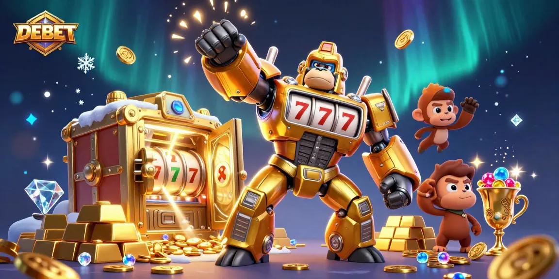 Engage with DEBET's immersive gaming experience featuring a golden gorilla mech and lavish treasures.
