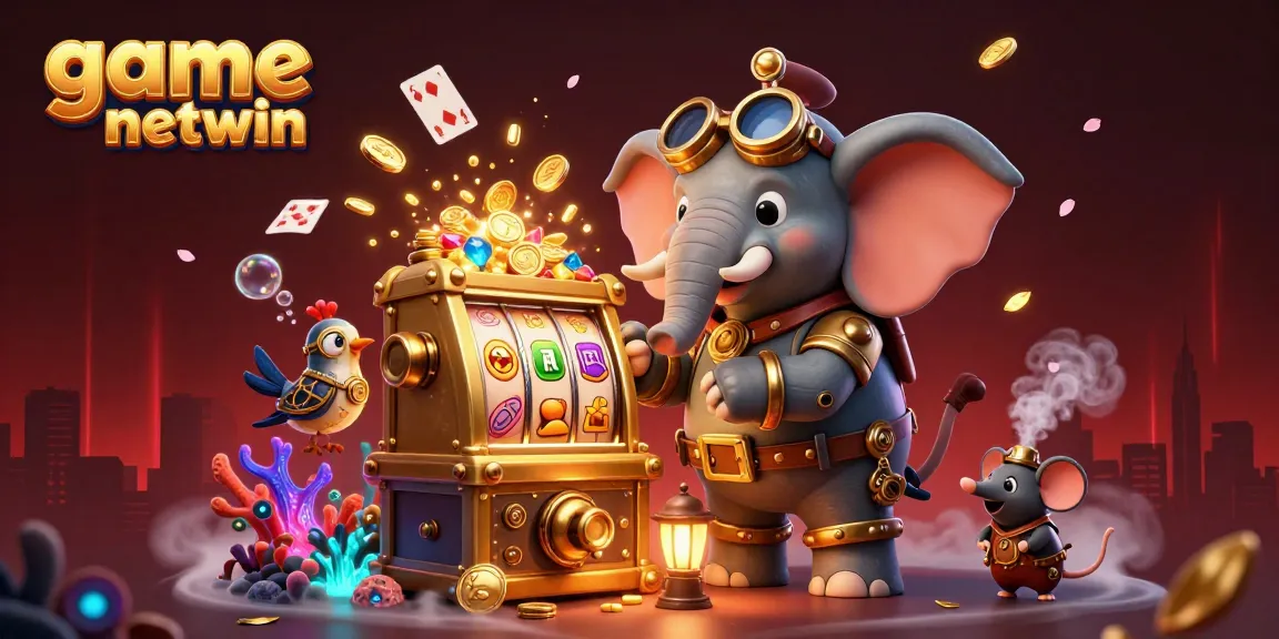 Engage with the dynamic game netwin world featuring a steampunk elephant at a golden slot machine, surrounded by vibrant gaming elements.