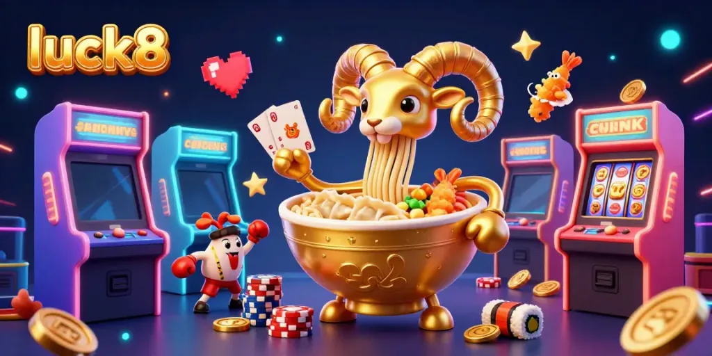 Engage with luck8's vibrant casino scene featuring a giant golden ramen bowl dealer amidst colorful 3D gaming elements.