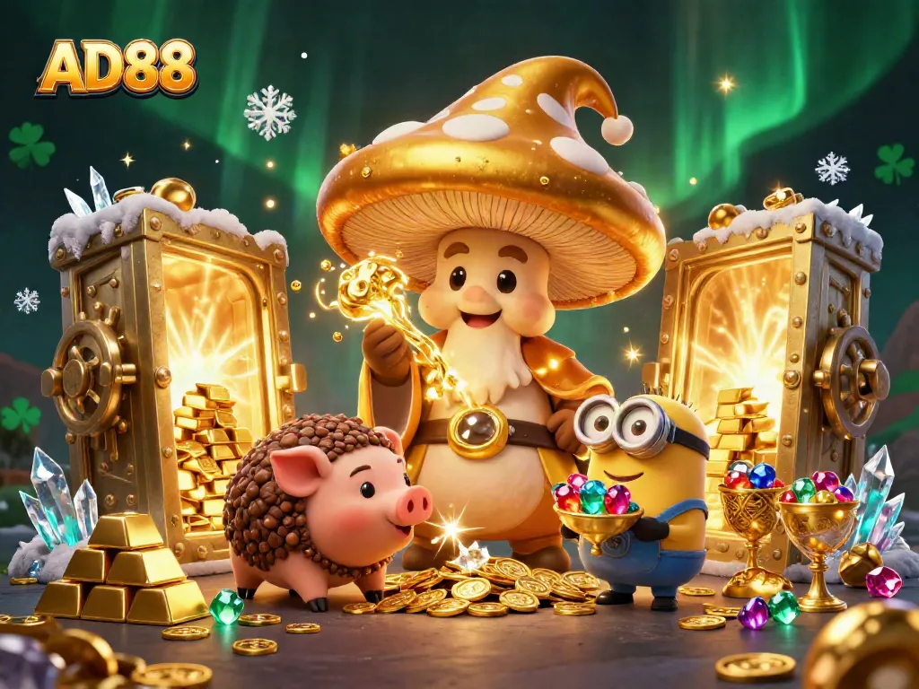 Experience the magical world of AD88 with a gold-channeling wizard, treasure, and vibrant gemstones.