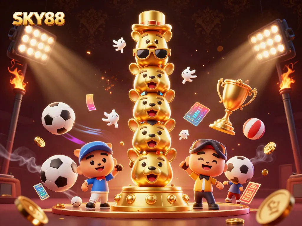 Experience vibrant gaming at SKY88 with dynamic sports elements and a golden totem pole.