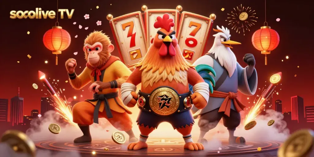 Witness the excitement of socolive TV with a vibrant 3D illustration of characters celebrating around slot reels.