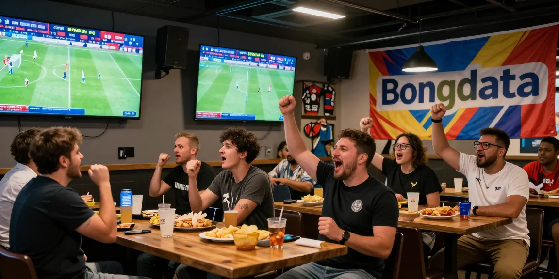 Bongdata fans cheering in a vibrant sports bar during a live football match.