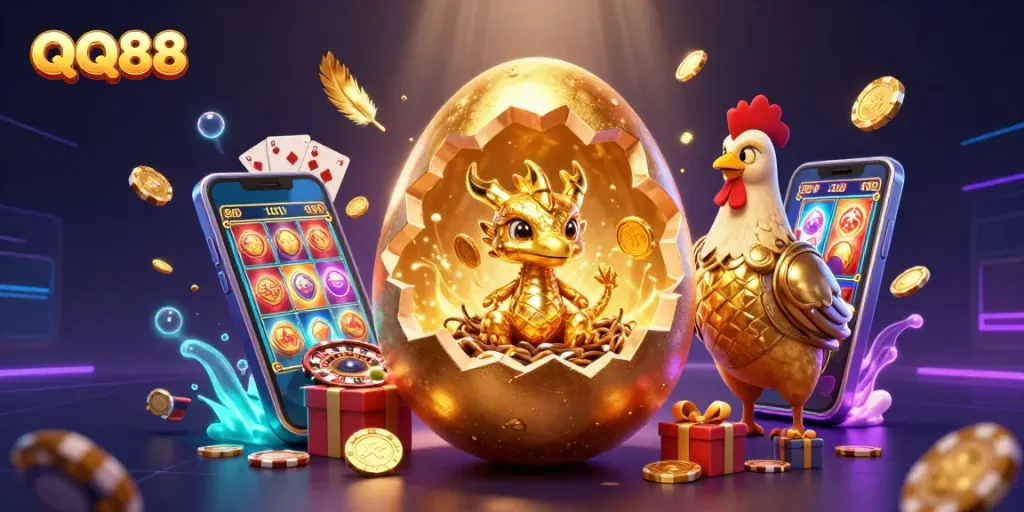 Engage in exhilarating gameplay at QQ88 featuring a golden dragon and poker chips.