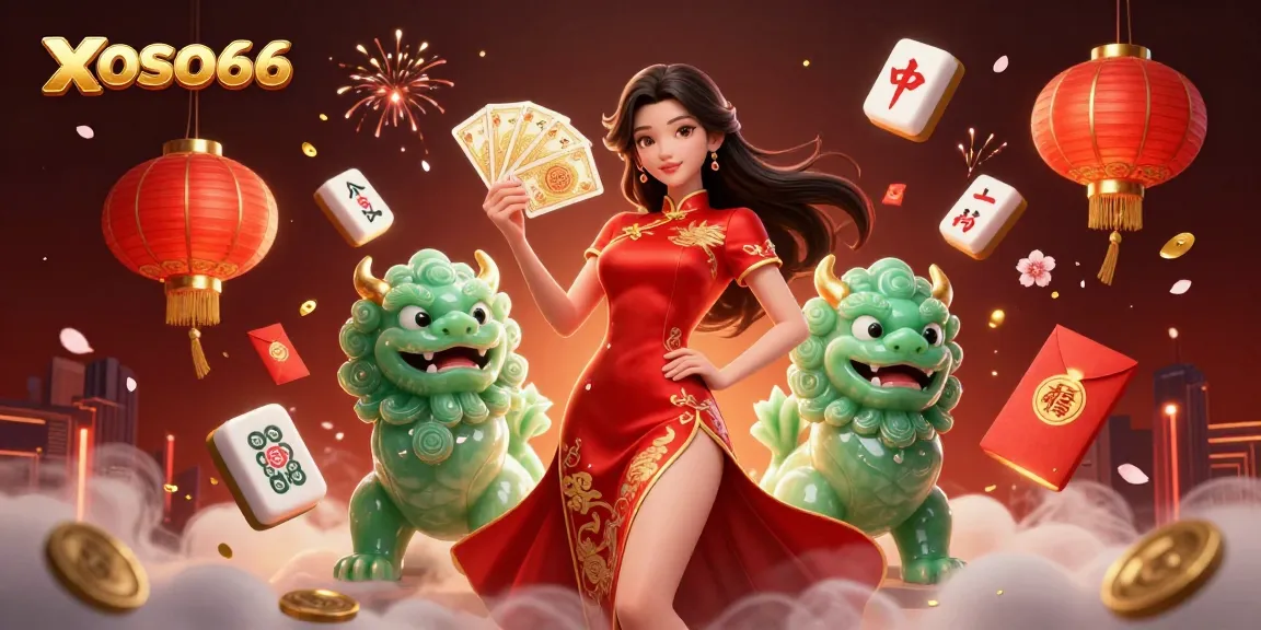 Xoso66 offers engaging lottery experiences, showcased by a woman in elegant attire amid vibrant gambling elements.