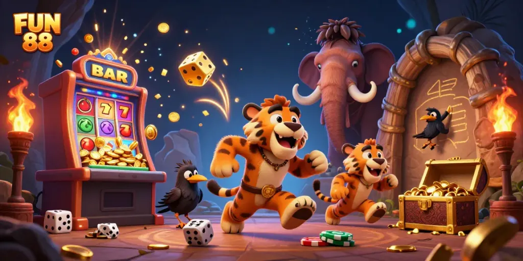 Engage in FUN 88 with a lively 3D illustration of prehistoric casino characters and vibrant slot machine action.