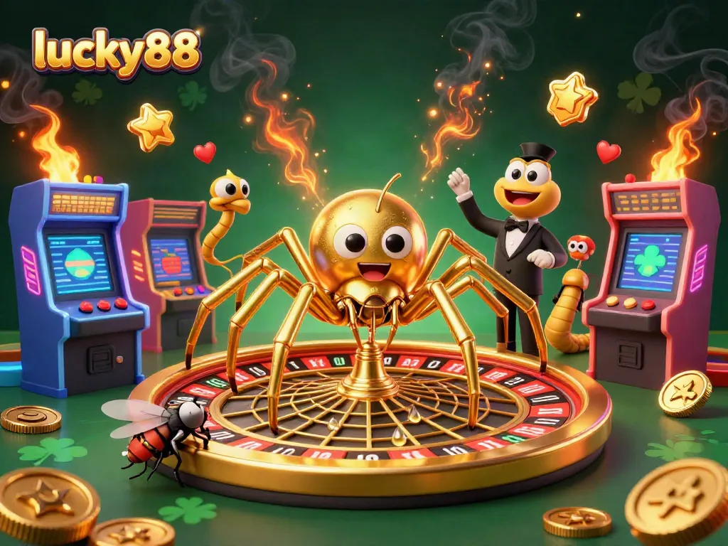 Experience thrilling gameplay with lucky88 at a vibrant casino scene featuring a golden spider and centipede croupier.