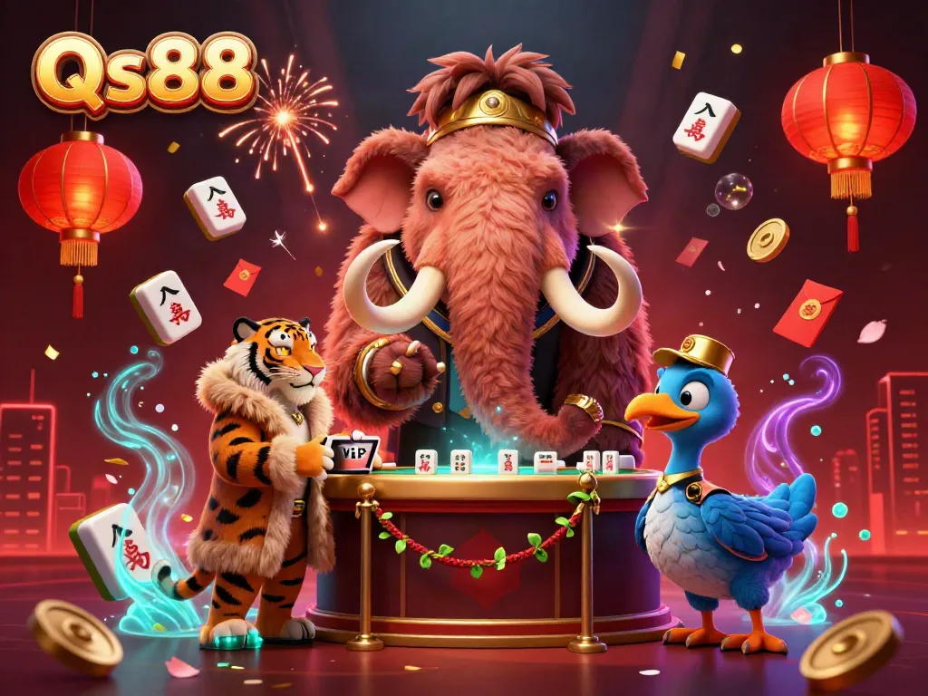 Join the excitement at QS88 with a dynamic casino scene featuring a bouncer, VIP guest, and dodo doorman.