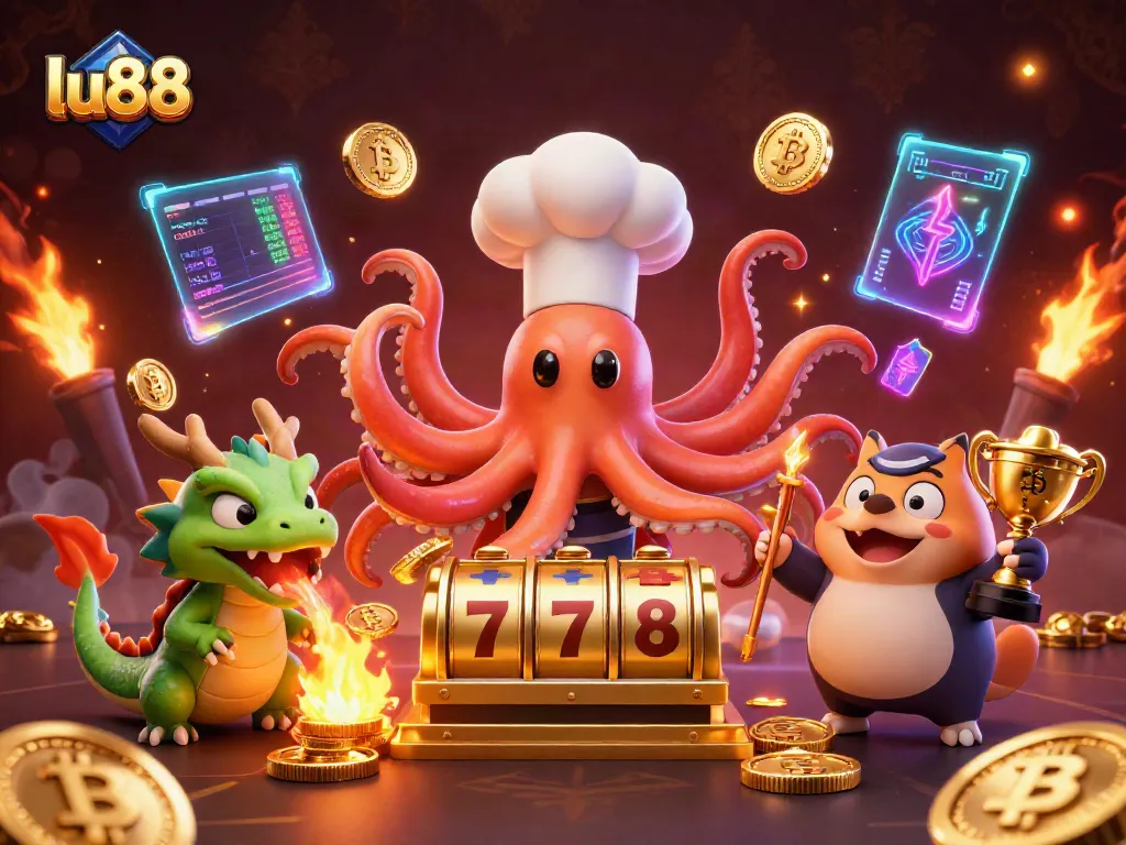 Experience thrilling gaming with lu88's dynamic casino scene featuring slot reels and vibrant characters.