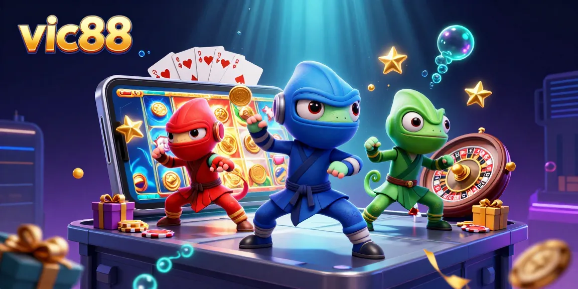Experience the excitement of vic88 with colorful slots and engaging characters in a vibrant casino illustration.