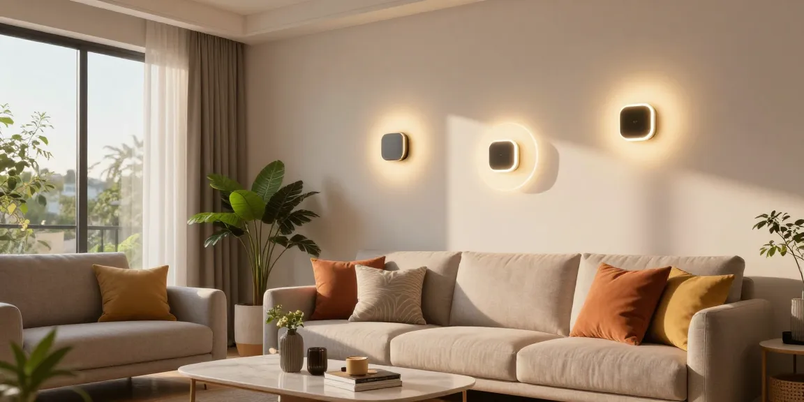 Aplica LED moderne ce iluminează un spațiu de living confortabil, cu plante și mobilier elegant.