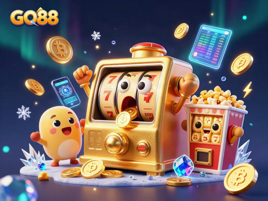 GO88 slot machine hits the jackpot, surrounded by coins and cheering baby slots in a vibrant 3D scene.