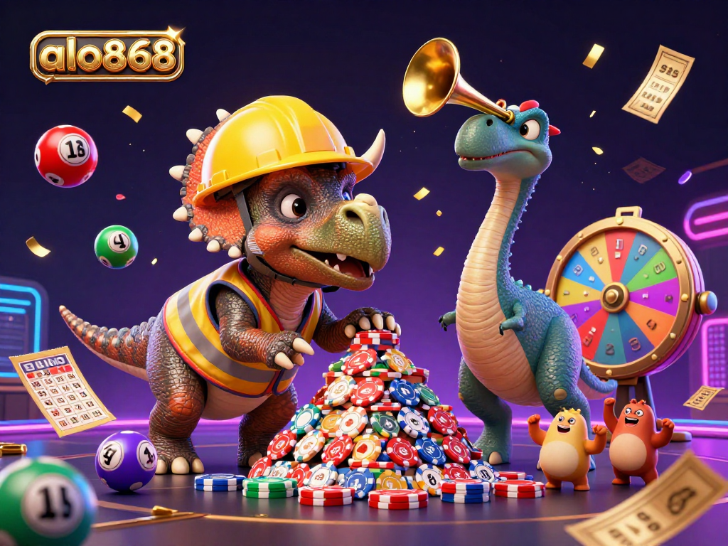 Experience excitement at alo868 with a festive 3D casino celebration featuring playful characters and vibrant lottery elements.