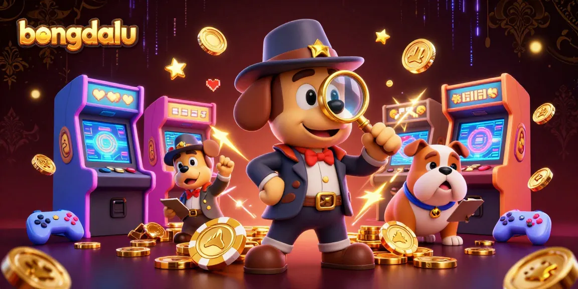 Bongdalu's detective duo investigates a poker chip amidst glowing arcade games, capturing the casino spirit.