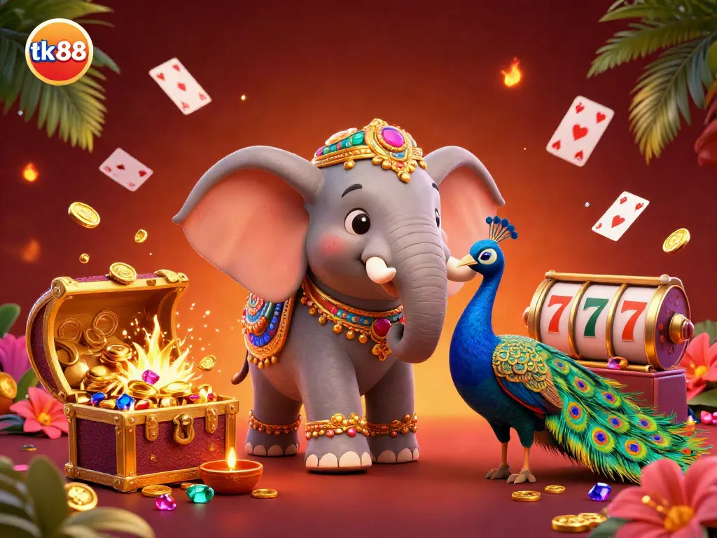 Engage with tk88's lively casino adventure, featuring vibrant characters surrounded by floating slots and treasures.
