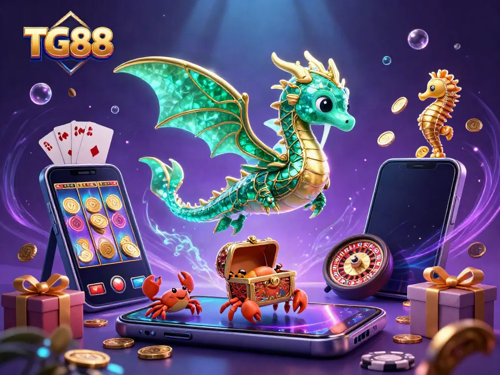 Experience exciting gaming with TG88's underwater casino world featuring an emerald sea dragon and slot games.