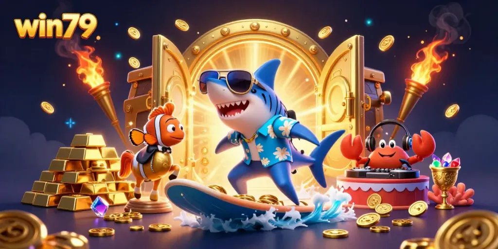 Surf with a win79 themed shark and friends in a treasure-filled casino adventure.