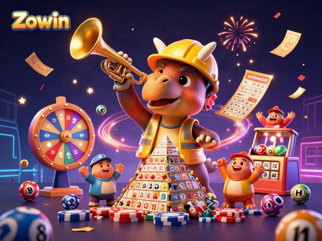 Zowin celebrates with gaming excitement, showcasing a vibrant illustration of casino characters and elements.