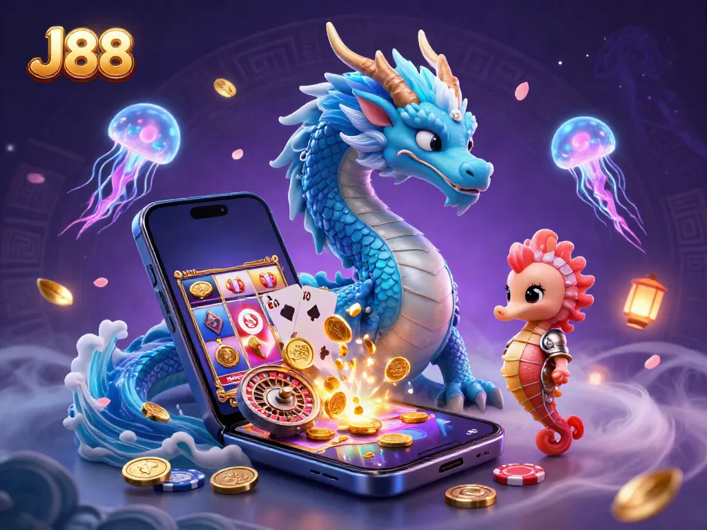 Experience the vibrant world of J88, where players engage in thrilling slot games with interactive 3D characters and glowing elements.