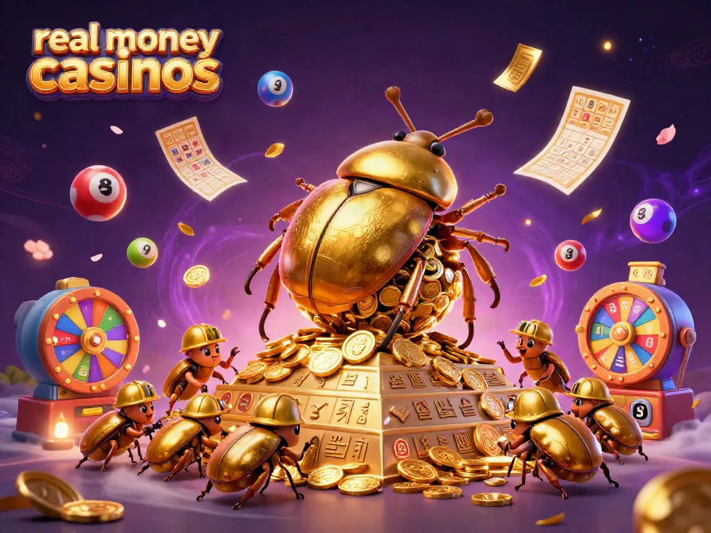 Experience the thrill of real money casinos with a vibrant 3D illustration of a golden beetle rolling coins.