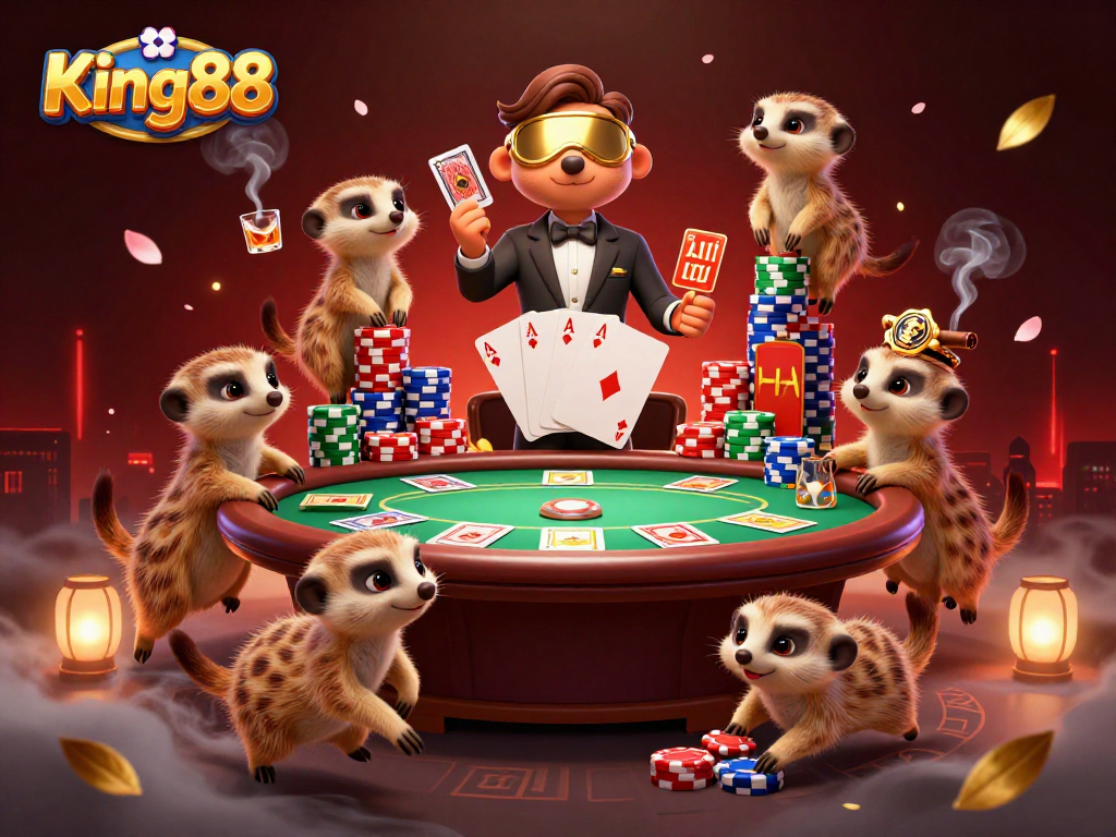 King88 meerkats running a vibrant casino operation with poker elements and thrilling action.