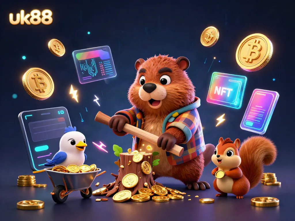 Join the fun at uk88 with a festive scene featuring a beaver, bird, and squirrel collecting golden coins.