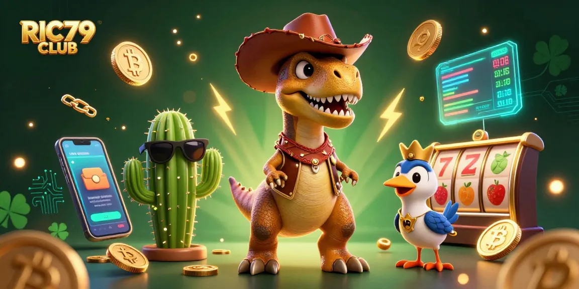 Experience slots excitement with RIC79 CLUB featuring a T-Rex cowboy and vibrant crypto details.