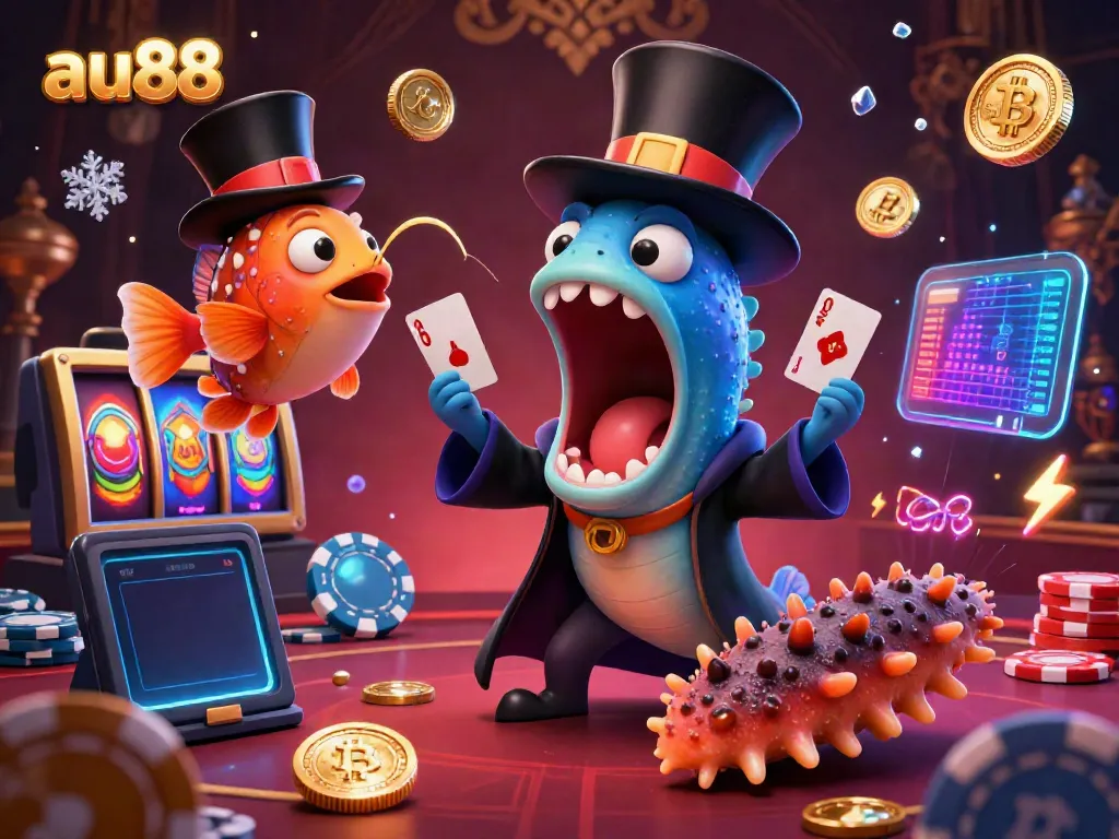 Engage with the magical world of au88 through a vibrant casino scene featuring iconic characters and glowing crypto elements.
