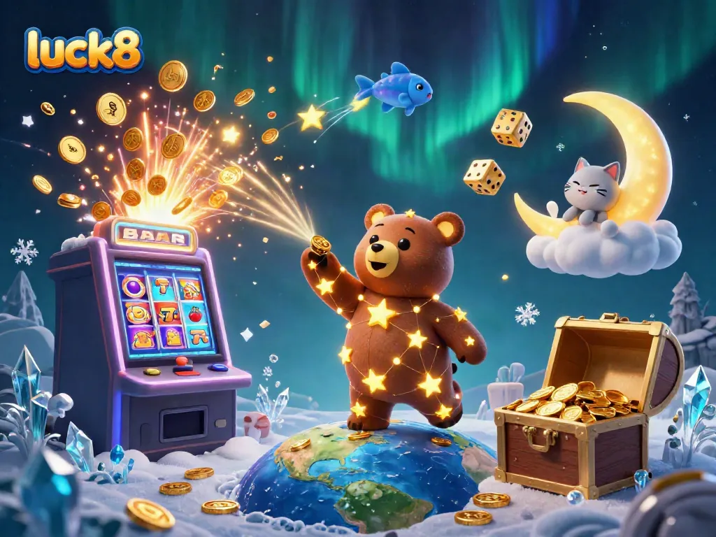 Experience jackpot thrills at luck8 with vibrant 3D illustration featuring winning symbols and characters.