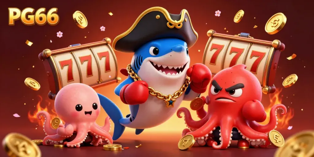 Experience exciting slots at PG66 with a cartoon pirate shark, pufferfish, and octopus in a vibrant casino scene.