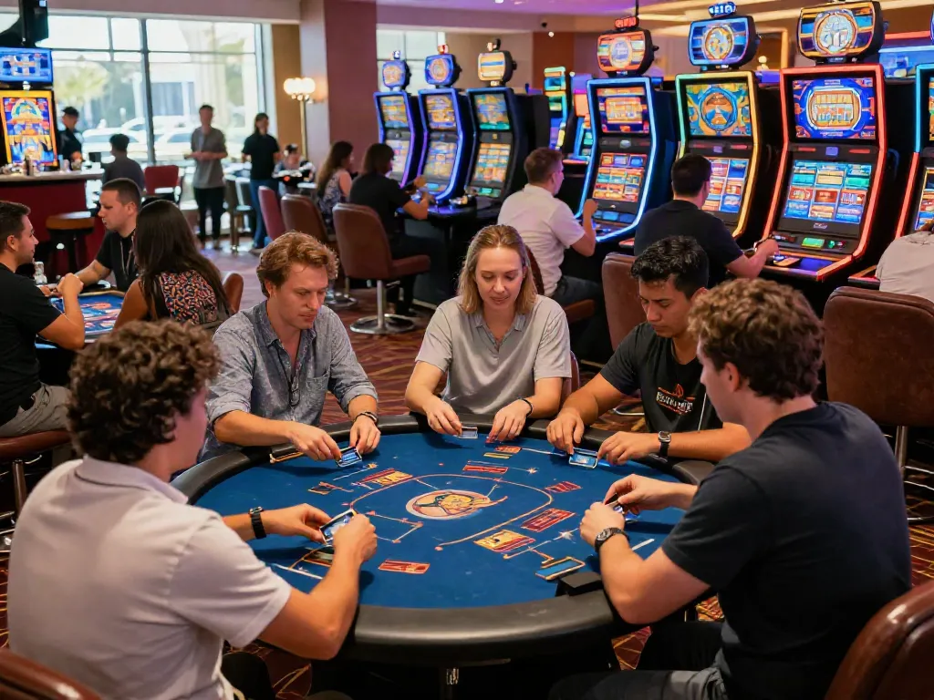 Exciting scene at a credit card casino with diverse players engaged in games and using credit cards.