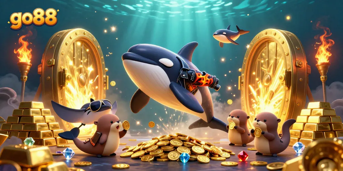 Join the fun at go88 as sea creatures celebrate winning with coins in a vibrant underwater casino scene.