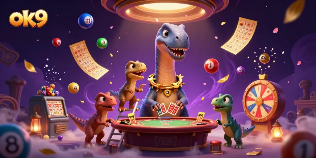 Experience thrilling gameplay at ok9 with vibrant cartoon elements bursting in a lively casino scene.