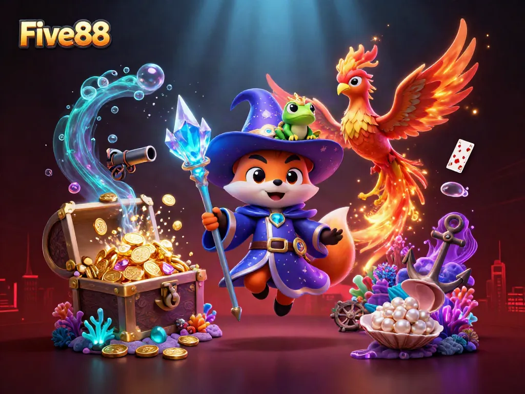 Experience thrilling fun with Five88's energetic casino environment featuring a wizard fox and phoenix.