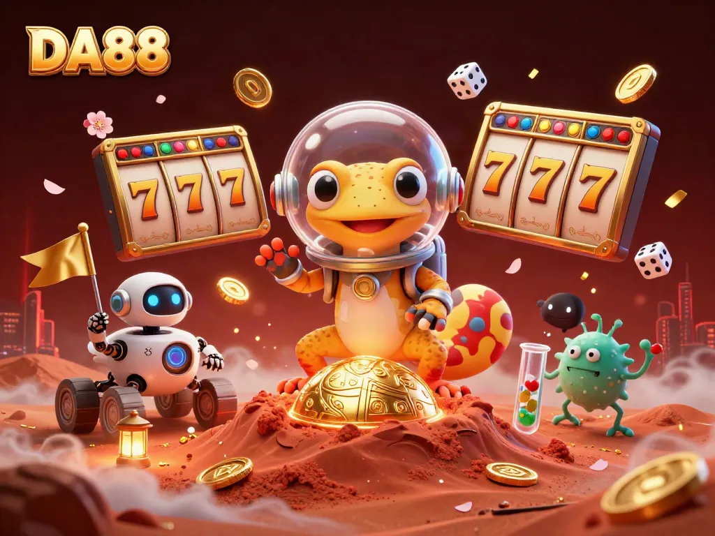 DA88 casino characters celebrating wins amidst vibrant slot reels and golden lights