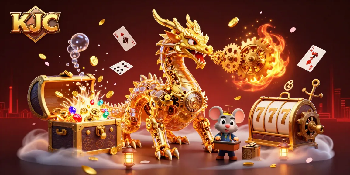 KJC captivates with a dynamic 3D illustration featuring a golden dragon breathing coins and engaging gambling excitement.
