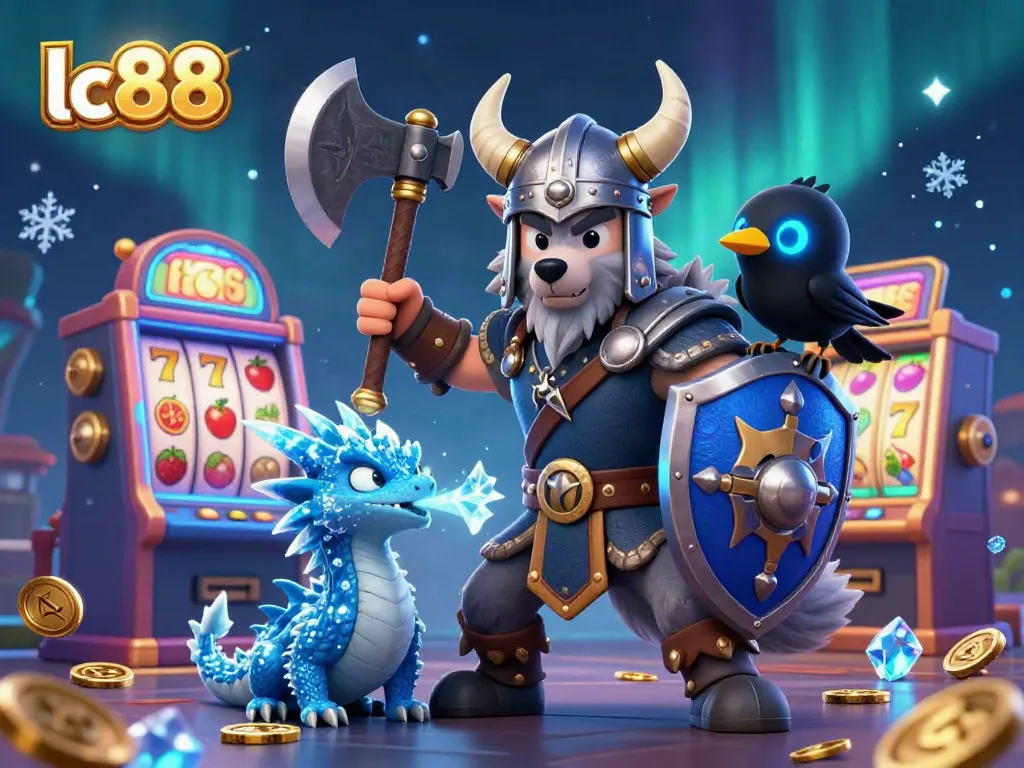 Experience thrilling gaming adventures with lc88, showcasing a Viking wolf warrior alongside vibrant slot machines.