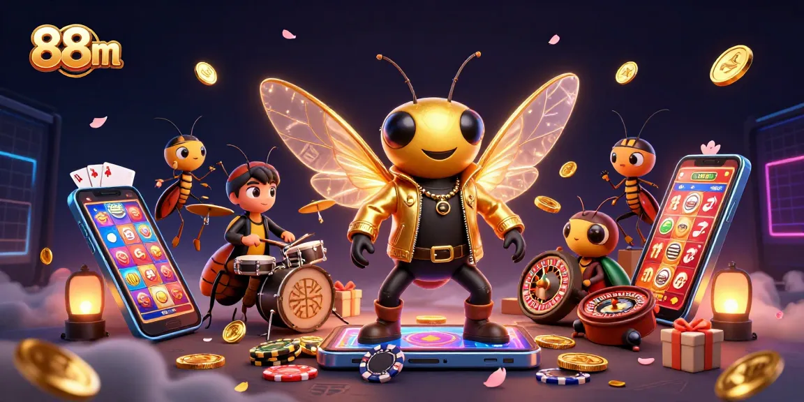 Experience big wins with 88m in this vibrant casino-themed 3D illustration featuring colorful games and energizing characters.