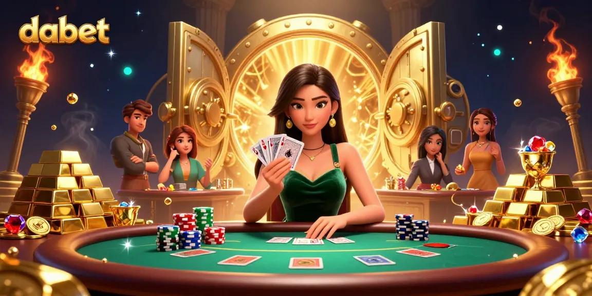 Dabet casino strategy session with a focused player at a poker table amidst gold treasures.