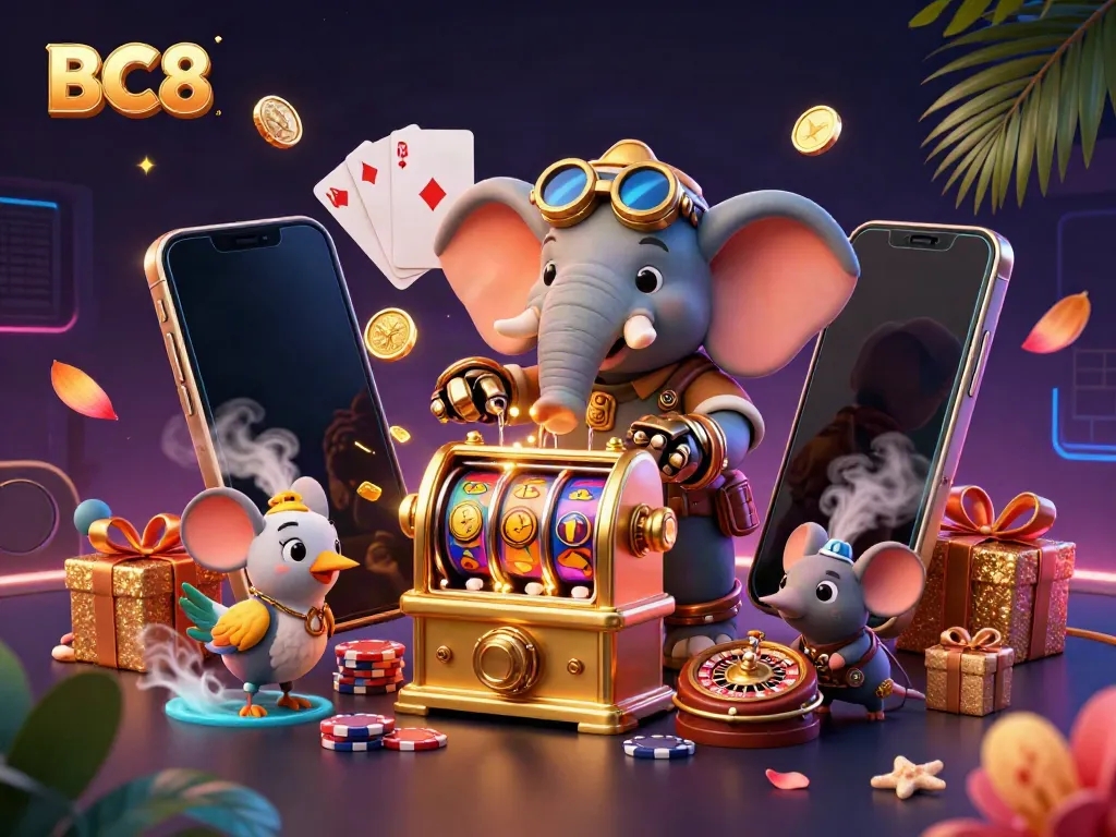 Experience thrilling gameplay at BC8 with our vibrant 3D casino scene showcasing exciting slot machines and poker elements.