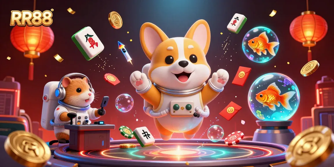 RR88 gaming experience with a corgi astronaut in a vibrant casino setting, chasing luck through playful graphics.